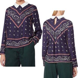 Sandro, Women’s ‘Papillon’ Blouse Top, Western Bandana Print, Blue, Size 1, 4 US